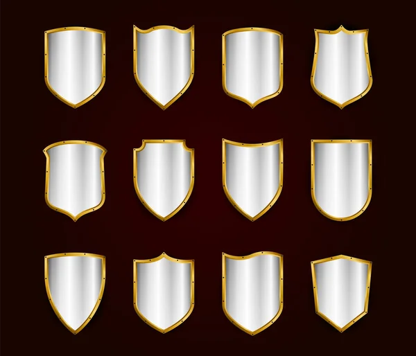 Conjunto Ícones Escudos Realistas Dourados Símbolo Vector Protecção —  Vetores de Stock