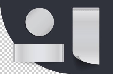 Farklı tekstil etiketleri. Kıyafetler için koleksiyon etiketleri. Vektör etiketi yatay, dikey ve yuvarlak biçimler.