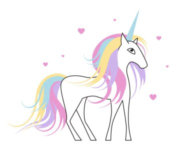Gökkuşağı saçlı beyaz tek boynuzlu at. Küçük kız için vektör illüstrasyonu.