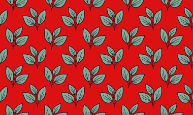 Kalın kırmızı arkaplandaki canlı deniz mavisi yaprakları çarpıcı ve tekrarlayan bir desen oluşturur. Tekstil, web siteleri veya ambalaj için mükemmel. Bu tasarım doğayı, basitliği ve zarafeti çağrıştırıyor..