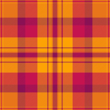 Modaya uygun kumaş ekose kumaş, sakin doku vektör kontrolü. Turuncu ve pembe renk paletinde tekstil desensiz arka plan tekrarlanıyor.