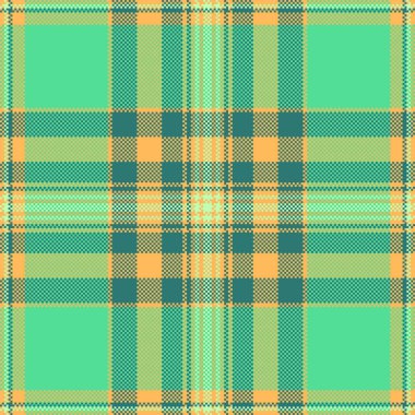 1970 'lerin kumaş arka plan vektörü, soluk desenli tekstil dikişsiz. Yeşil ve kehribar renk paleti ile tartan desenini kavramsal olarak kontrol et.