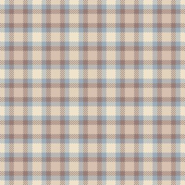 Yumuşak bej, kahverengi ve mavi renklerde klasik bir tartan deseni içeren rahat tekstil deseni. Arkaplan, doku veya tekstil tasarım projeleri için ideal.