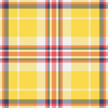 Sıcak renklerde canlı pikselleştirilmiş tartan deseni. Geçmişi, tekstili ya da herhangi bir projeye eğlenceli bir dokunuş eklemek için mükemmel bir retromodern tasarım. Çok yönlü ve göz alıcı..