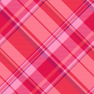 Arka plan vektör kontrolü, geometrik desen tekstil dokusu. Kırmızı ve pembe renk paletinde kusursuz ekose kumaş..
