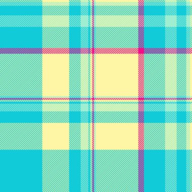 İç çamaşırı vektör kontrolü tekstil, seksi desenli tartan kumaş. Cyan ve sarı renk paletinde desensiz ekoseli arkaplan.