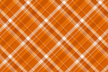 Gingham desenli tartan pürüzsüz, üstü örtülmüş çek arka plan tekstili. Turuncu ve beyaz renk paletinde rahat kumaş desenli vektör.
