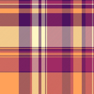 Yemek arkaplanı tartan, ekoseli kumaş yok. Kadınların moda kumaş dokusu turuncu ve mor renk paleti tekstil vektörü.