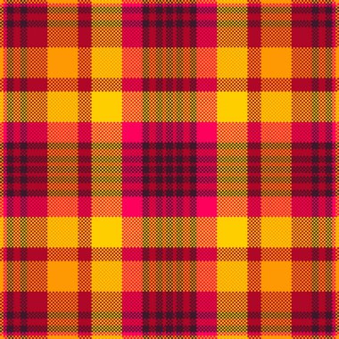 Canlı pixelated ekose desen. Kırmızı, sarı ve turuncu kareler sıcak ve eskimiş bir tasarım oluşturur. Özgeçmiş, tekstil ve soyut kavramlar için harika..