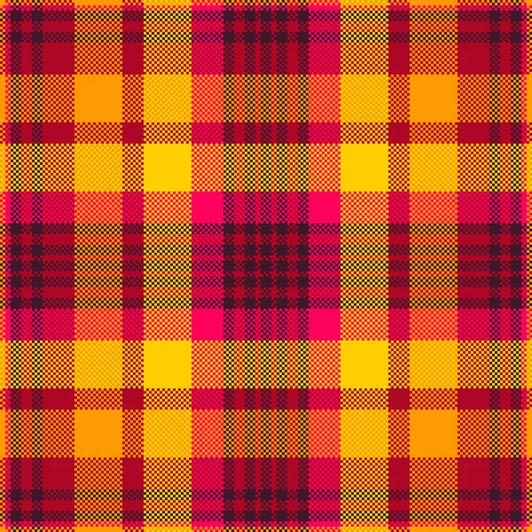 Canlı pixelated ekose desen. Kırmızı, sarı ve turuncu kareler sıcak ve eskimiş bir tasarım oluşturur. Özgeçmiş, tekstil ve soyut kavramlar için harika..