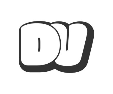 DV logosu, balon komedi harfleri, graffiti stili siyah beyaz siluet şeklinde yuvarlak. Festival partisi için moda okul öncesi D ve V harfi. Baş harfleri, çocukların komik yazıları ve internet sayfaları. Vektör illüstrasyonu.