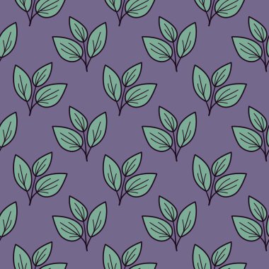 Mor arka planda biçimlendirilmiş deniz mavisi yapraklarının kusursuz deseni. Tekstil baskıları, duvar kağıdı veya web sitesi tasarımı için mükemmel.