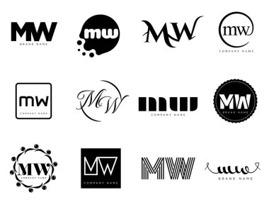 MW logo şirketi şablonu. M ve W harfleri logoti. Tasarım elemanları ile farklı klasik serif harfleri ve modern kalın metin ayarla. İlk yazı tipi tipografisi. Koleksiyon trend iş kimliği.