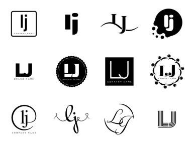LJ logo şirketi şablonu. I harfi ve J logosu. Tasarım elemanları ile farklı klasik serif harfleri ve modern kalın metin ayarla. İlk yazı tipi tipografisi. Koleksiyon trend iş kimliği.