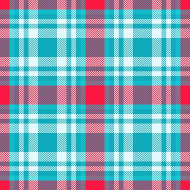Parlak, koyu ekose desenli kırmızı, su ve açık mavi. Eski modayı çağrıştıran canlı bir tekstil tasarımı, arka plan veya kumaş modelleri için mükemmel..