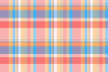 Sabit vektör ekoseli, endüstri dokusu kumaş desenli. Pastel ve turuncu renk paletinde modern tekstil dikişsiz arka plan tartanı.