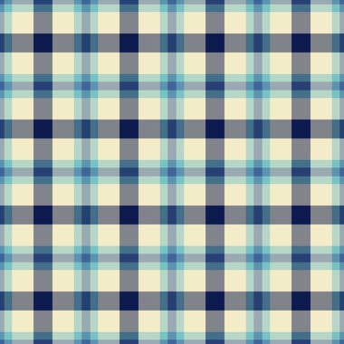 Serin mavi ve kremlerle kusursuz ekose desenli. Tasarım, tekstil projeleri ve dijital sanat için çok yönlü bir arka plan. Klasik stil ve modern kıvrım.
