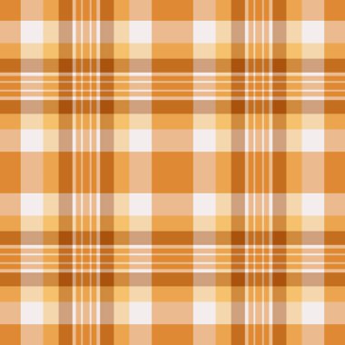 Birincil doku, dikişsiz, sıcak kontrol kumaşı. Turuncu ve beyaz renk paletinde tartan arkaplan vektör deseni pazarlanıyor.