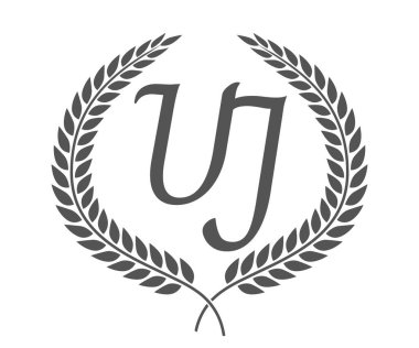İlk harf U ve J, defne çelengi ile UJ monogram logo tasarımı. Kaligrafi yazı tipli lüks amblem.