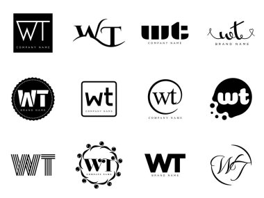 WT logo şirketi şablonu. Mektup w ve logoti. Tasarım elemanları ile farklı klasik serif harfleri ve modern kalın metin ayarla. İlk yazı tipi tipografisi. Koleksiyon trend iş kimliği.