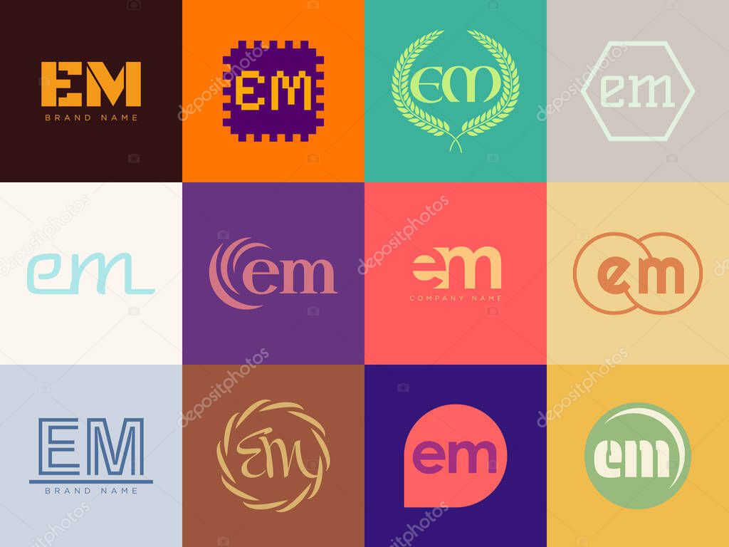 EM logo company template. Letter e and m logotype. Set different classic serif lettering and modern bold text with design elements. Initial font typography. Collection trendy business identity.