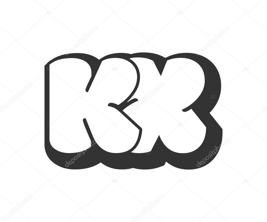 KX logo, bubble comic lettering, rounded in graffiti style black and white silhouette. Trendy preschool K and X letter text for festival party, personal initials, children funky print and web. Vector illustration.