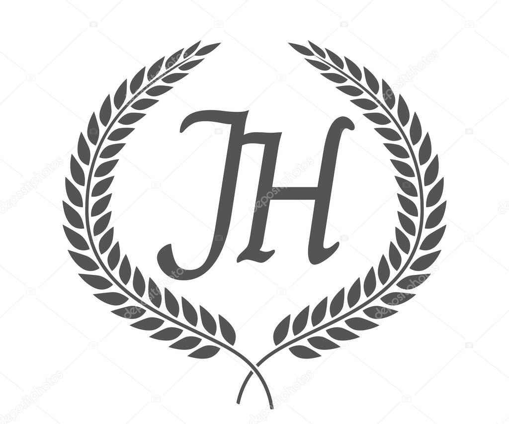 Initial letter J and H, JH monogram logo design with laurel wreath. Luxury emblem with calligraphy font.