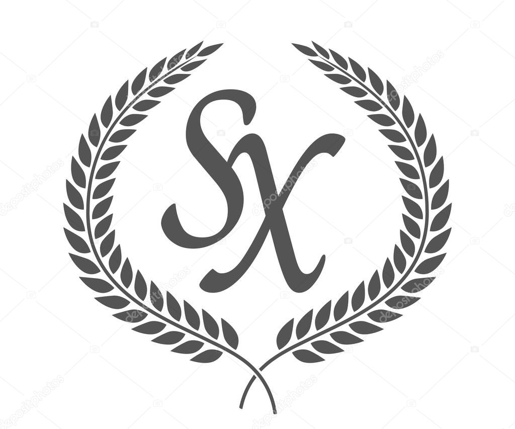 Initial letter S and X, SX monogram logo design with laurel wreath. Luxury emblem with calligraphy font.