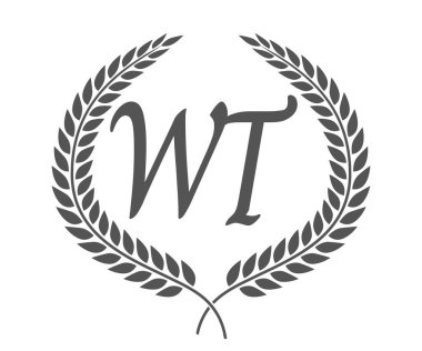 İlk harf W ve T, WT monogram logo tasarımı defne çelengi. Kaligrafi yazı tipli lüks amblem.