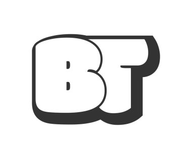 BT logosu, balon komedi harfleri, graffiti stili siyah beyaz siluet şeklinde yuvarlak. Festival partisi için modaya uygun B ve T harfi metni, kişisel baş harfler, çocuklar için funky print ve web. Vektör illüstrasyonu.
