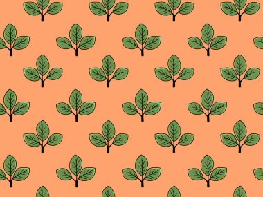 Şeftali arka planında şekillendirilmiş yeşil yaprakların kusursuz deseni. Tekstil baskıları, duvar kağıtları ve web sitesi tasarımları için mükemmel..