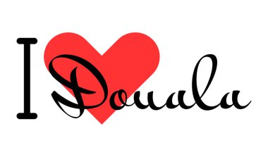 Kamerun şehri Douala 'yı seviyorum. Kırmızı kalpli el yazısıyla yazılmış mektuplar. Vektör illüstrasyon harfleri, yazdırma tişörtü, afiş, poster, etiket veya etiket için modern tasarım.