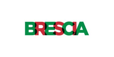 Brescia, İtalya ambleminde basım ve ağ için. Tasarım, modern yazı tipinde cesur tipografiye sahip geometrik stil, vektör illüstrasyonuna sahiptir. Beyaz arkaplanda izole edilmiş grafiksel slogan harfleri.