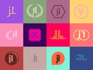 JL logo şirketi şablonu. J harfi ve logoti. Tasarım elemanları ile farklı klasik serif harfleri ve modern kalın metin ayarla. İlk yazı tipi tipografisi. Koleksiyon trend iş kimliği.
