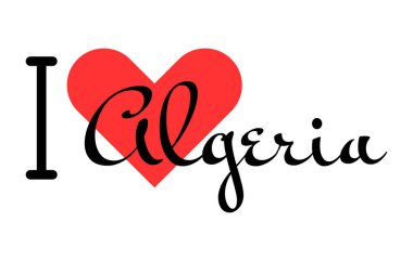 Cezayir 'i seviyorum. Kırmızı kalpli el yazısıyla yazılmış mektuplar. Yazılı t-shirt, afiş, poster, çıkartma veya etiket için modern tasarım harfleri.