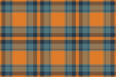 Şekil desenli arka plan, boyalı kumaş dikişsiz. T-shirt ekose vektör kumaşını cyan ve turuncu renk paletiyle kontrol et.