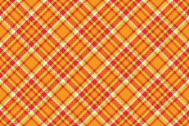 Turuncu, kırmızı ve sarı sıcak renklerde canlı, dikişsiz tartan deseni. Tekstil, geçmiş, tasarım, gelenek ve konfor için çok yönlü.