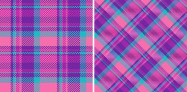 Vibrant plaid pattern set in bright pinks, purples, and teals. Classic Scottish tartan design. Ideal for fashion, textiles, and colorful backgrounds.