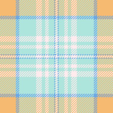 Vibrant plaid pattern featuring light blue, peach, and white hues. Seamless, modern, and ideal for backgrounds, textiles, or festive designs projects requiring a checkered aesthetic.