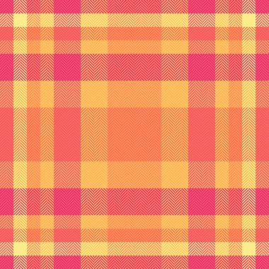 Vibrant plaid pattern with interwoven lines in shades of pink, orange, and yellow. Evokes warmth, comfort, and retro style. Perfect for backgrounds, textiles, or digital designs.