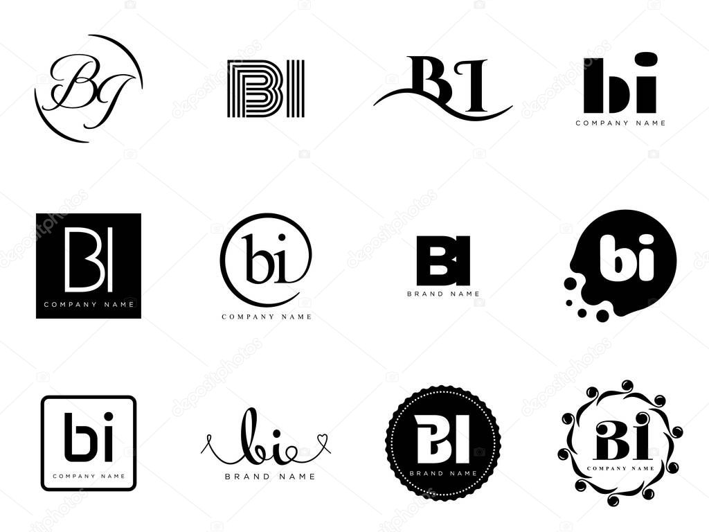 BI logo company template. Letter b and i logotype. Set different classic serif lettering and modern bold text with design elements. Initial font typography. Collection trendy business identity.