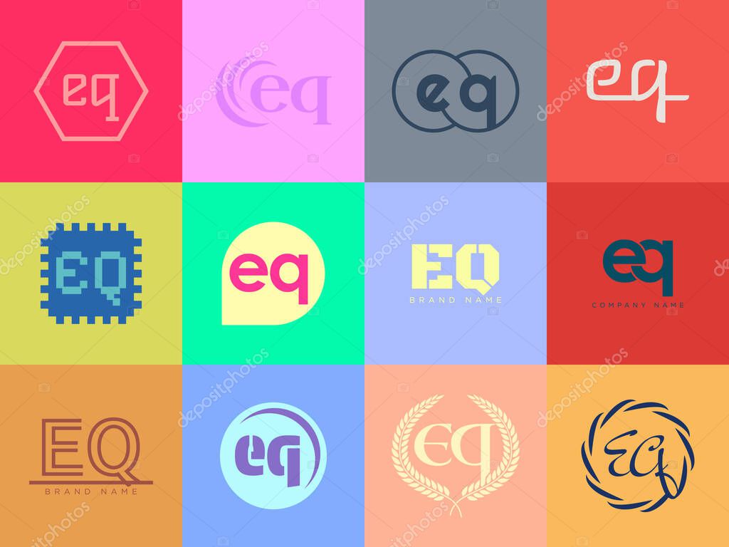 EQ logo company template. Letter e and q logotype. Set different classic serif lettering and modern bold text with design elements. Initial font typography. Collection trendy business identity.