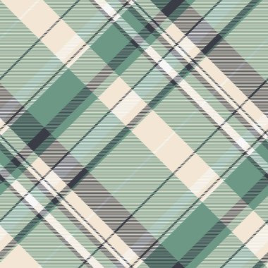 Elegant plaid pattern with diagonal stripes. Soft greens and neutral tones create a classic textile design. Ideal for fashion, backgrounds, and wrapping paper.