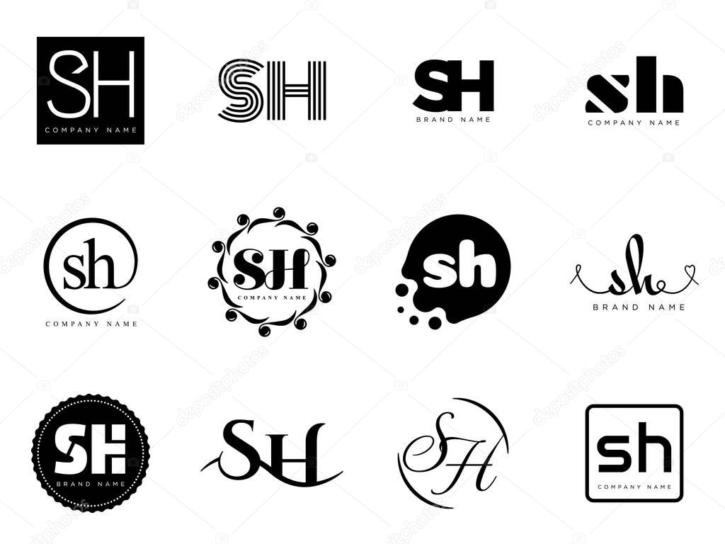SH logo company template. Letter s and h logotype. Set different classic serif lettering and modern bold text with design elements. Initial font typography. Collection trendy business identity.