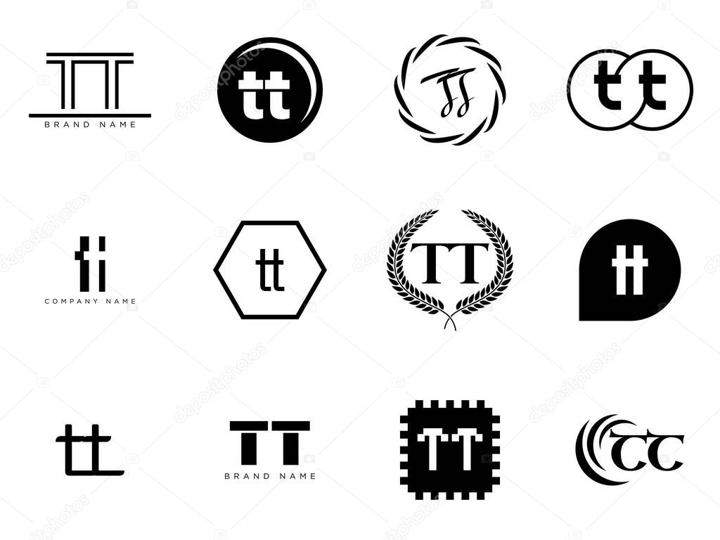 TT logo company template. Letter t and t logotype. Set different classic serif lettering and modern bold text with design elements. Initial font typography. Collection trendy business identity.