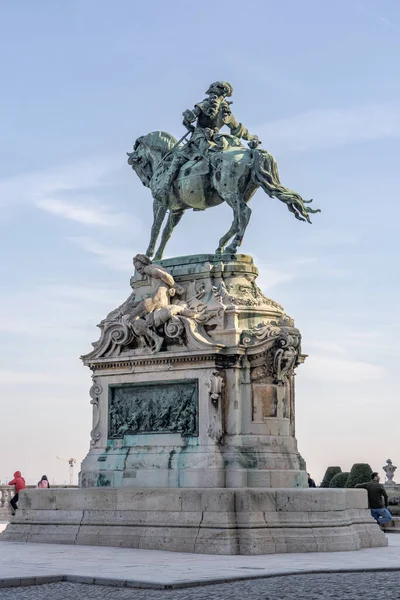 Bronze statue of Equestrian statue of Prince Eugene of Savoy on limestone at Buda Hill in Budapest. High quality photo