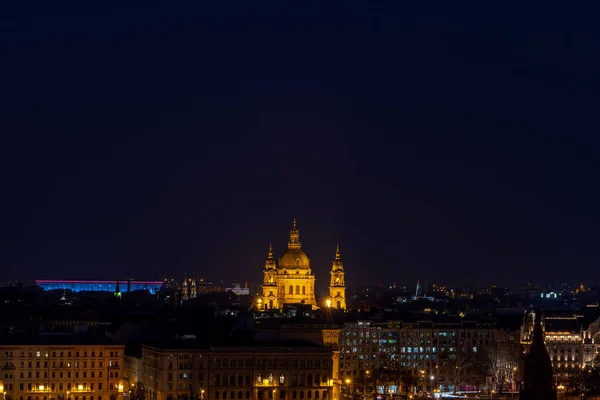 Danube Avec Lumières Allumées Pleine Lune Hiver Budapest Photo Haute — Photo