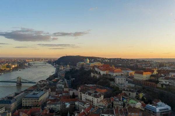 Aerial Drone Shot Buda Castle Hill Budapest Sunset Hour Winter — Stock Photo, Image