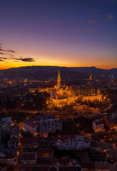 Flygdrönare Skott Tände Matthias Churh Fisherman Bastion Buda Hill Budapest — Stockfoto