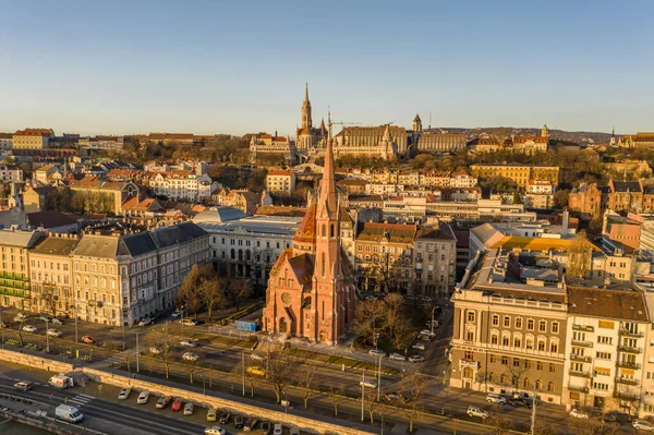 Flygdrönare Skott Szilagy Dezso Square Reformerade Kyrkan Matthias Church Budapest — Stockfoto